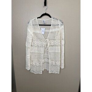 NWT Forever‎ 21 Womens Crochet Open Front Sweater Ivory Medium Swim Coverup